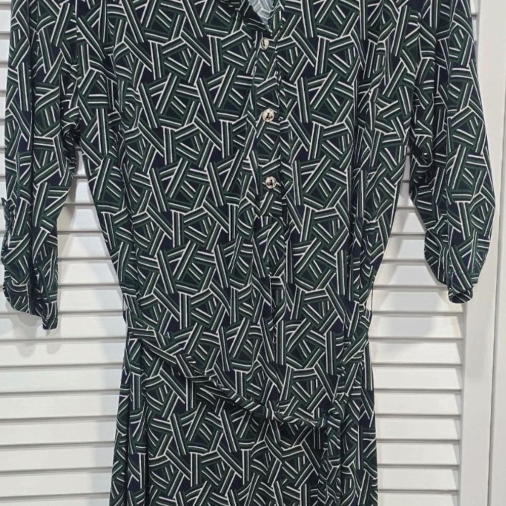 Enfocus Studio Green Geometric Midi Shirt Dress